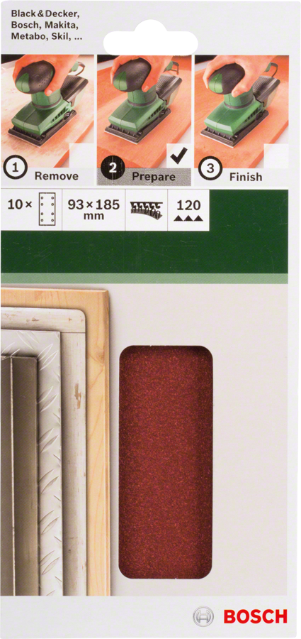 Bosch - Titreşimli Zımpara Kağıdı 10'lu, 93 x 185 mm 120 Kum 8 Delik