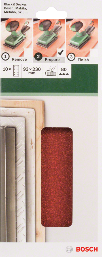 Bosch - Titreşimli Zımpara Kağıdı 10'lu, 93 x 230 mm 80 Kum 8 Delik
