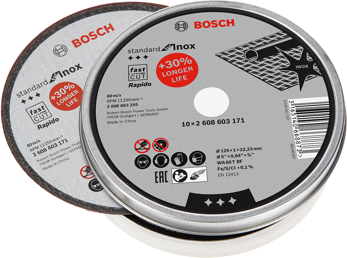 Bosch - 125*1,0mm Standard Seri Düz Inox (Paslanmaz Çelik) Kesme Diski (Taş) - Rapido 10'lu