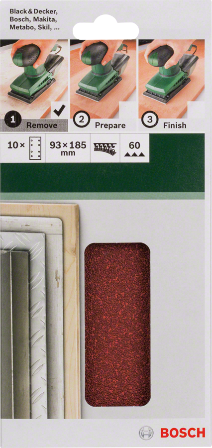 Bosch - Titreşimli Zımpara Kağıdı 10'lu, 93 x 185 mm 60 Kum 8 Delik