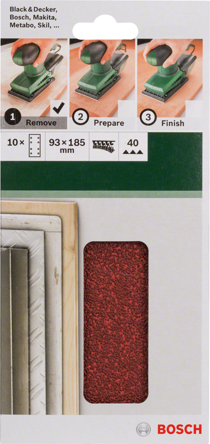 Bosch - Titreşimli Zımpara Kağıdı 10'lu, 93 x 185 mm 40 Kum 8 Delik