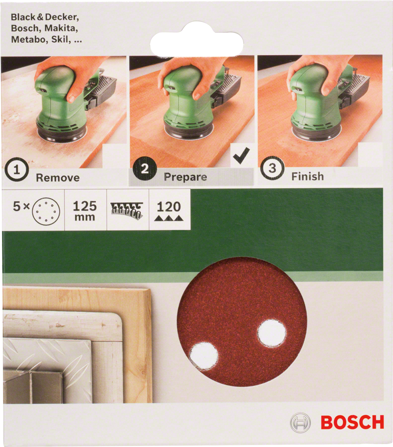 Bosch - Eksantirik Zımpara Kağıdı 5'li, 125 mm 120 Kum 8 Delik