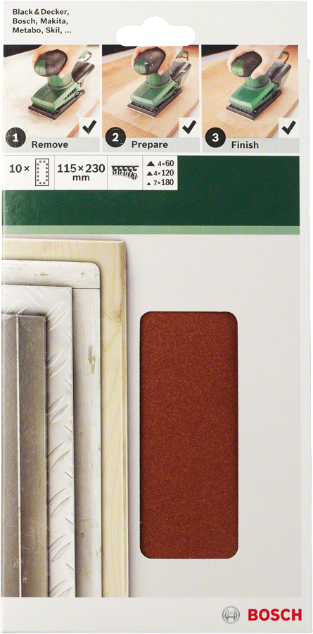 Bosch - Titreşimli Zımpara Kağıdı 10'lu Set, 115 x 230 mm 60/120/180 Kum 14 Delik