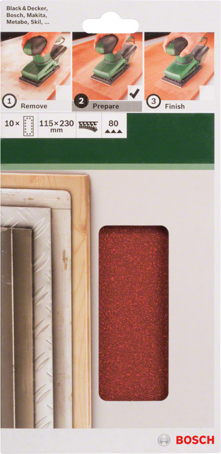 Bosch - Titreşimli Zımpara Kağıdı 10'lu, 115 x 230 mm 80 Kum 14 Delik