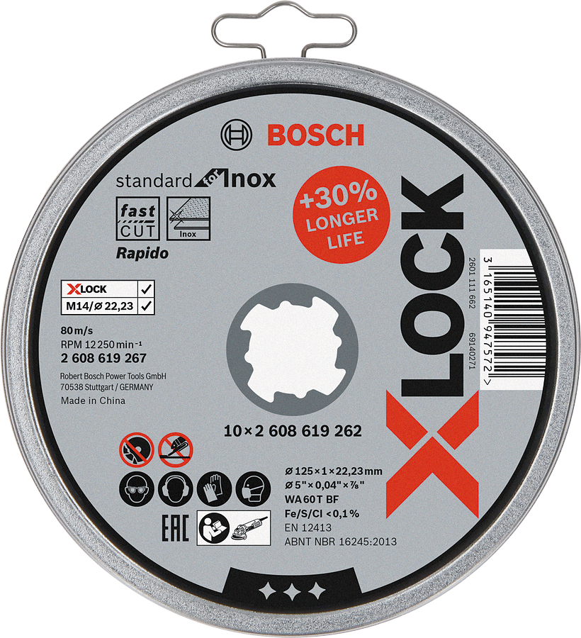 Bosch - X-LOCK - 125*1,0mm Standard Seri Düz Inox (Paslanmaz Çelik) Kesme Diski (Taş) - Rapido 10'lu