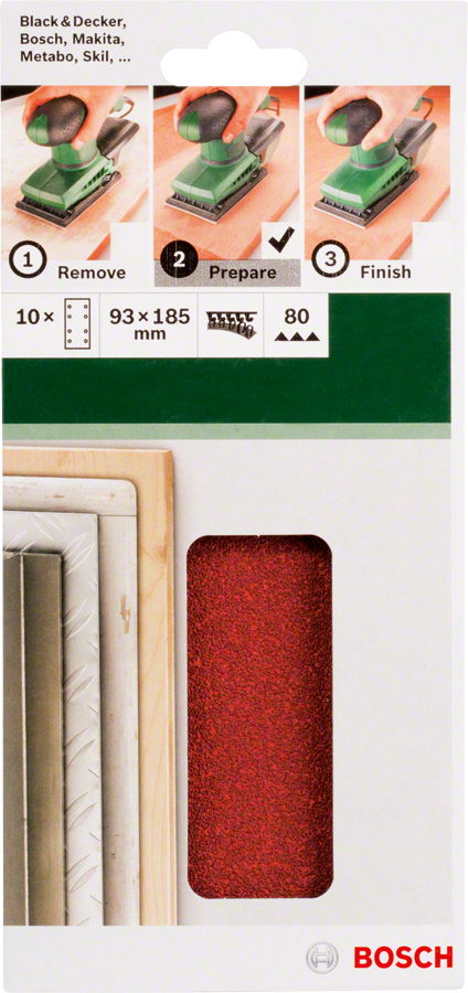Bosch - Titreşimli Zımpara Kağıdı 10'lu, 93 x 185 mm 80 Kum 8 Delik