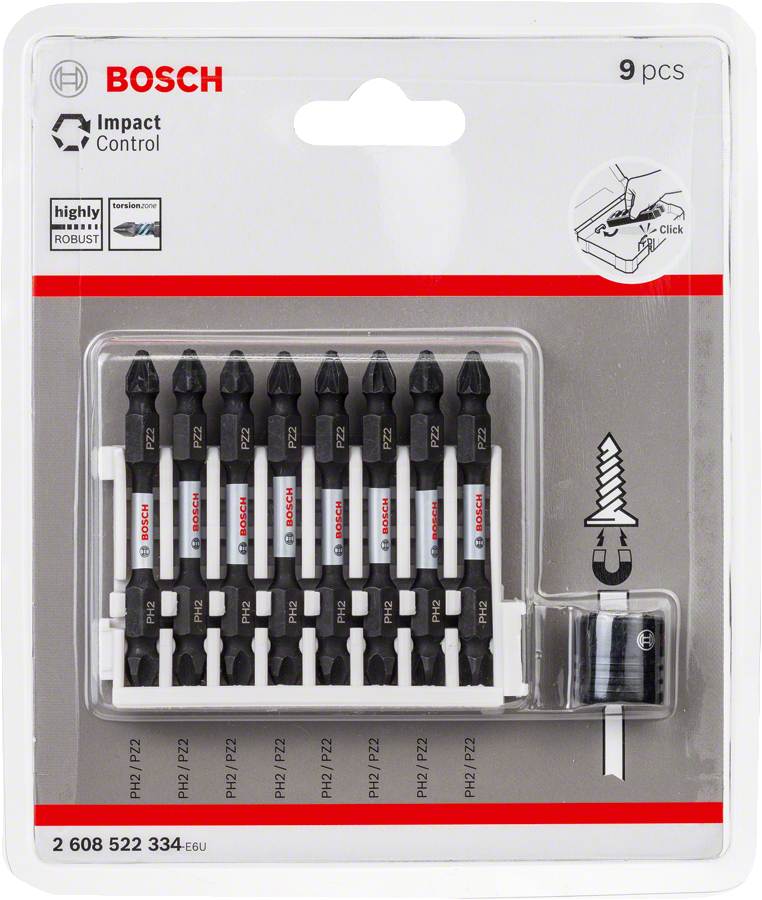 Bosch - Impact Control Serisi Çift Taraflı Vidalama Ucu 8'liPH2/PZ2 *65mm + Mıknatıslı Tutucu
