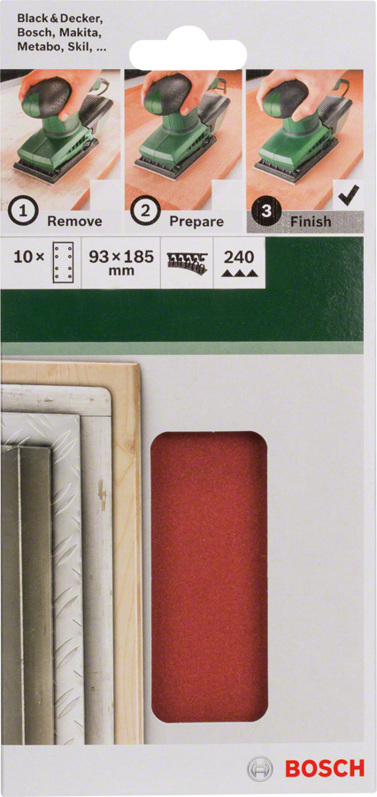 Bosch - Titreşimli Zımpara Kağıdı 10'lu, 93 x 185 mm 240 Kum 8 Delik
