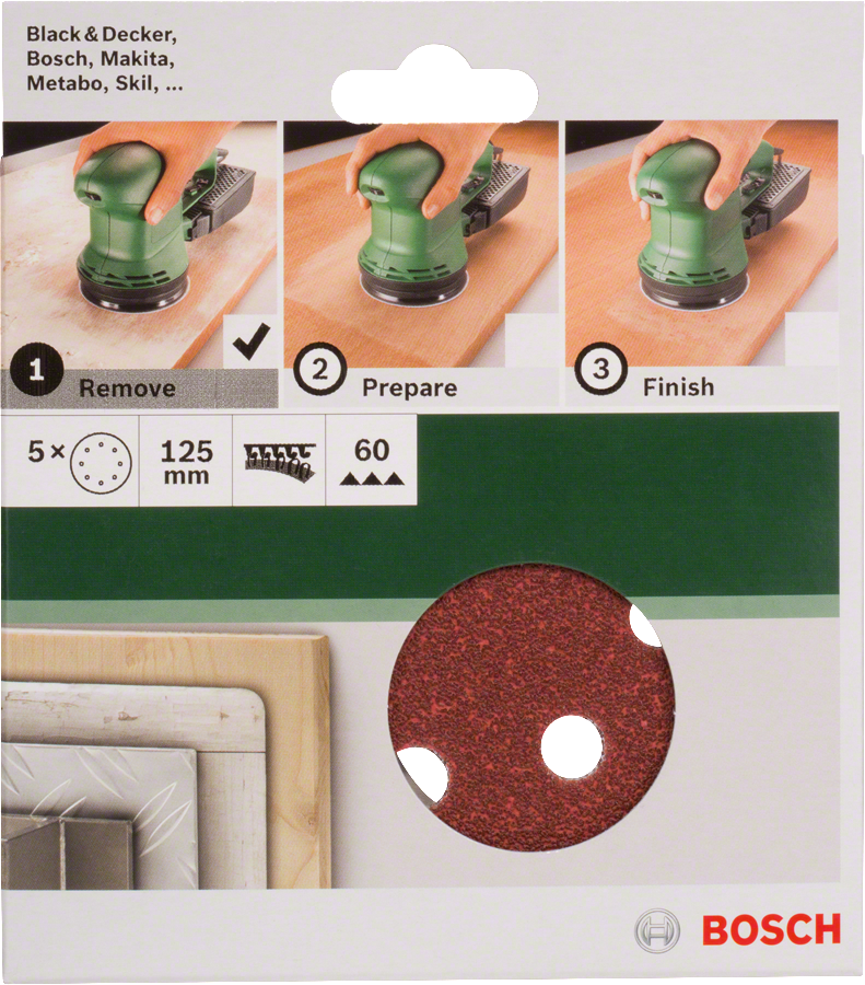 Bosch - Eksantirik Zımpara Kağıdı 5'li, 125 mm 60 Kum 8 Delik